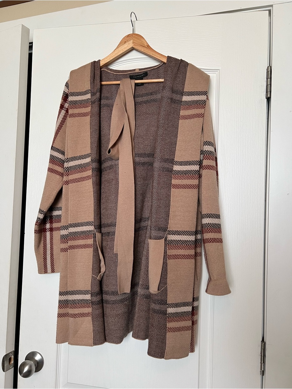 Long Plaid Cardigan Sweater - Beige and Brown
